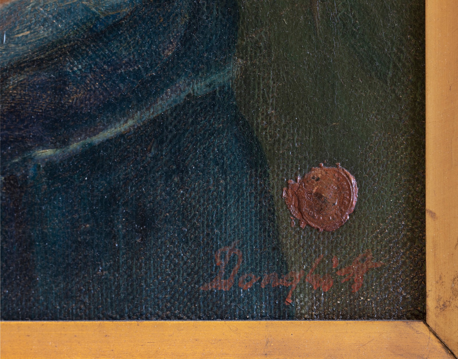 Detail of an oil painting portrait of a Miner. The Miner stands topless with arms folded against a dark background. The detail shows the artist’s signature.