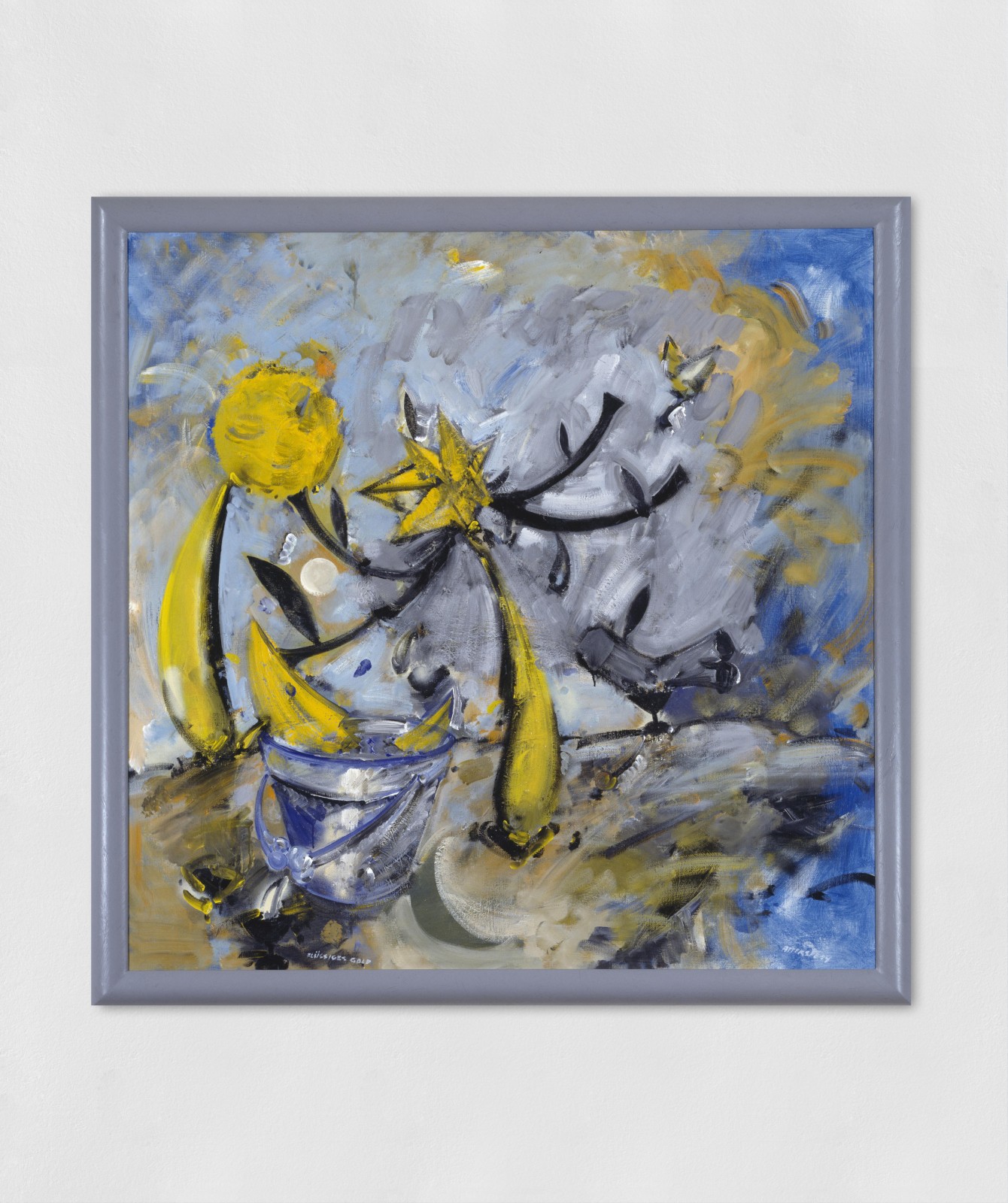Acrylic abstract painting on canvas in yellow, blue and black.