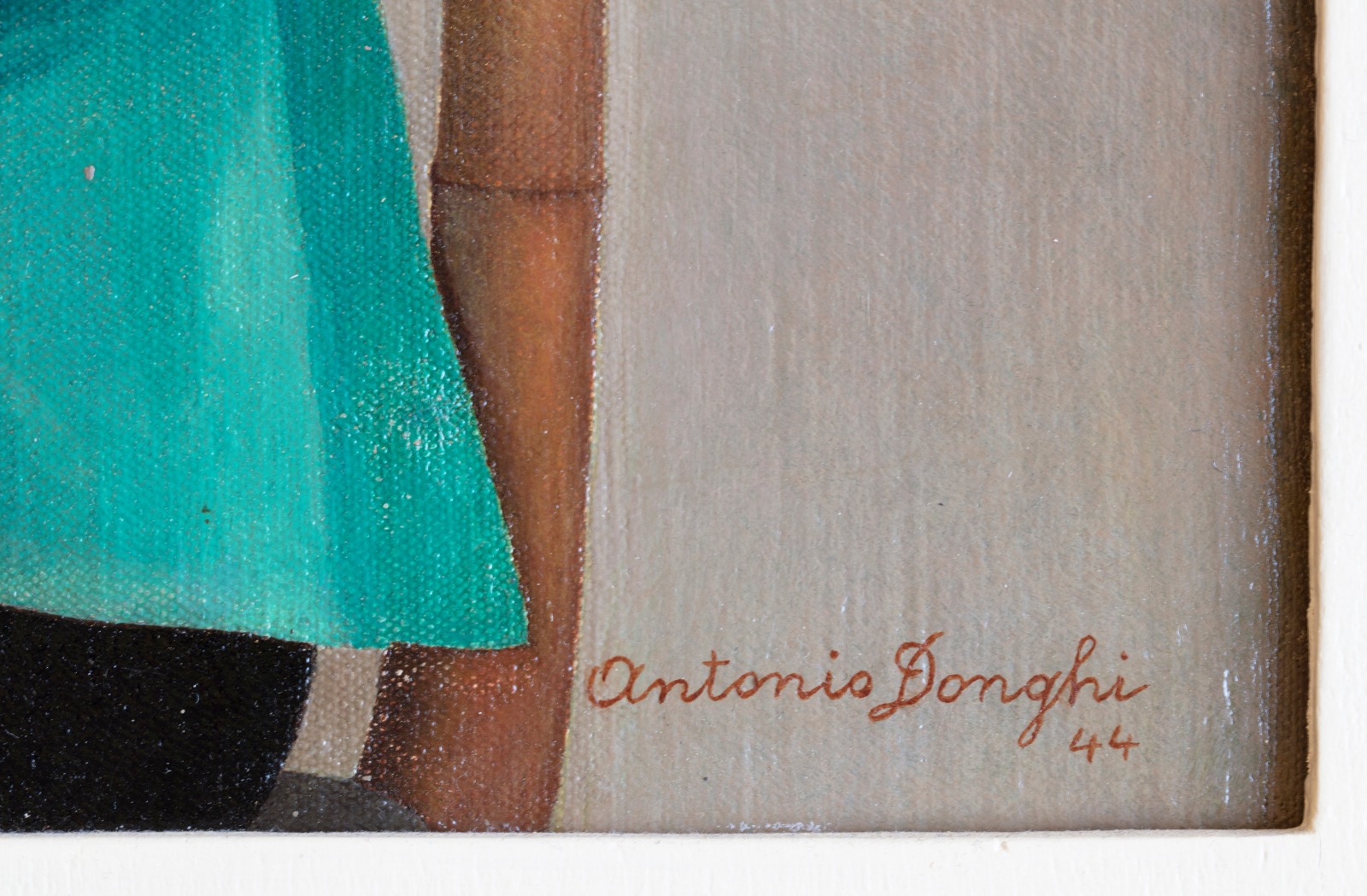 An oil painting of a portrait of a woman sitting on a wooden chair and wearing a green top and black hat. Alongside her is a table covered with a red cloth and a purple flower. The detail shows the artist's signature.