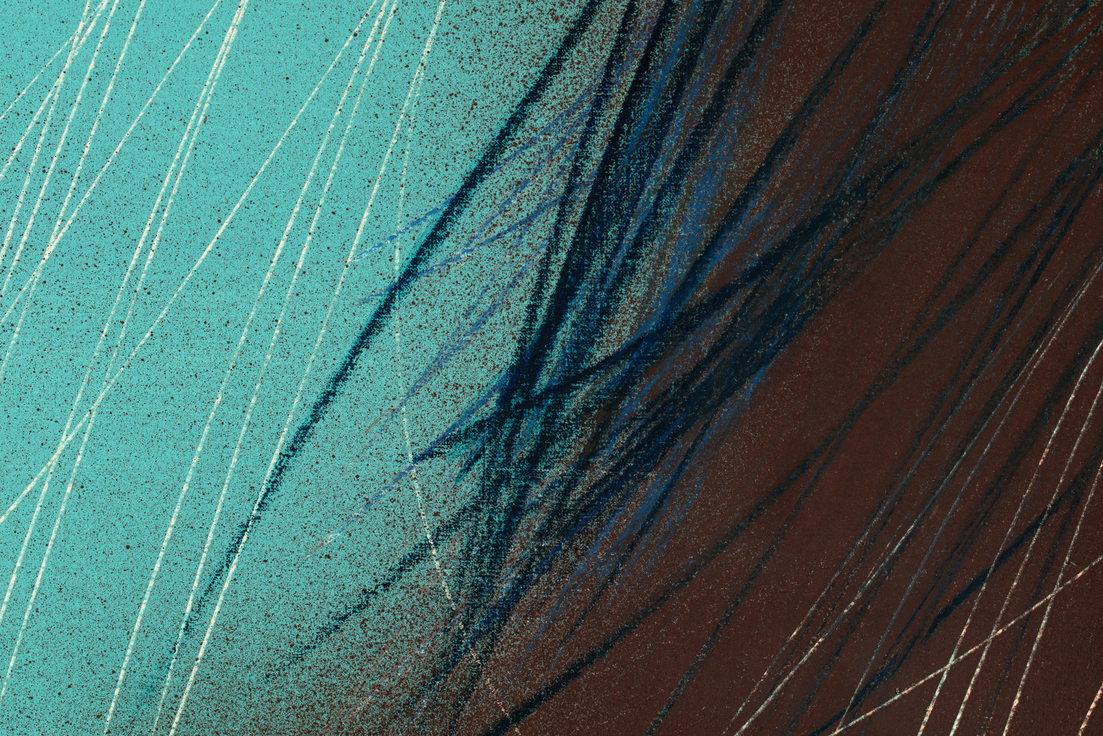 Detail of an abstract oil painting that uses gestural brushstrokes, dynamic black-and-white lines creating a series of intersecting and overlapping shapes set against a bold background in blue and black.