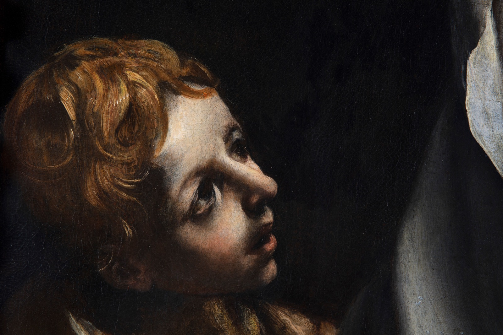 Detail of a painting depicting the apparition of the son Evangelist and an angel to Saint Frances of Rome