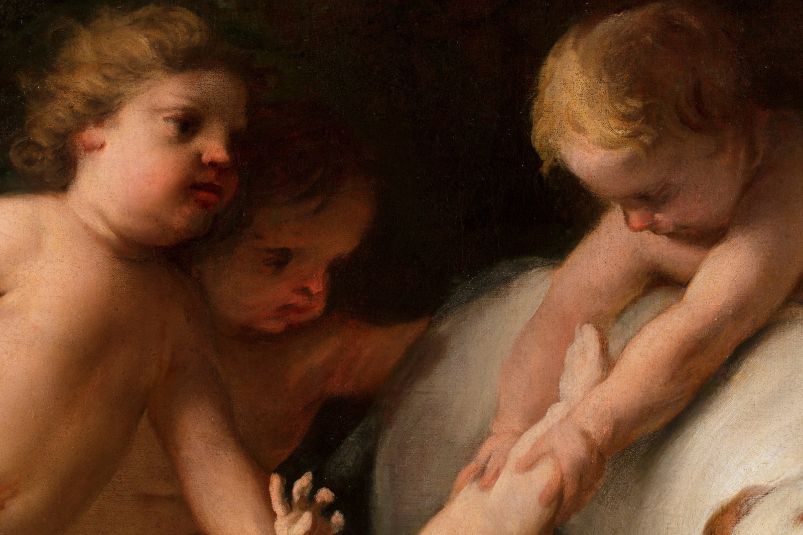 A detail of an oil painting of putti, the winged infants who either play the role of angelic spirits in religious artworks or act as instruments of profane love. They are often shown as associates of Cupid. They originated in Greek and Roman antiquity (the Latin word putus means little man). The putti seen here are playing with a dog.
