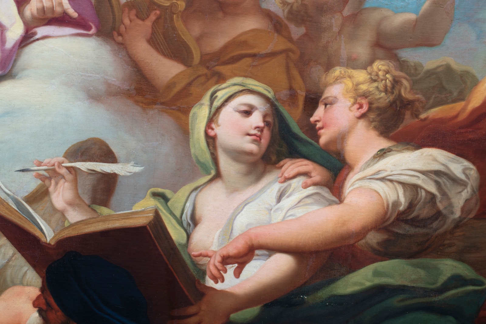 Detail of a painting representing two figures focused on writing