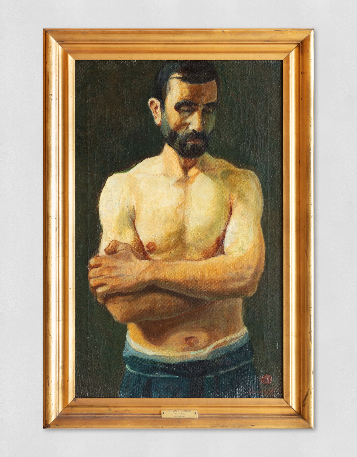 An oil painting portrait of a Miner. The Miner stands topless with arms folded against a dark background.