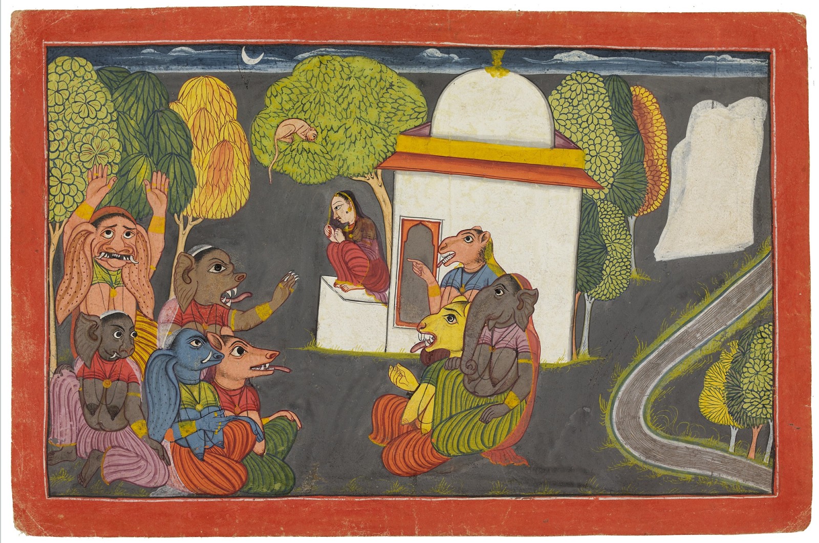 Hanuman spies Sita in the Ashoka Grove - a Painting from the Shangri Ramayana, Pahari, from Bahu or Kulu, Style III, 1700-10