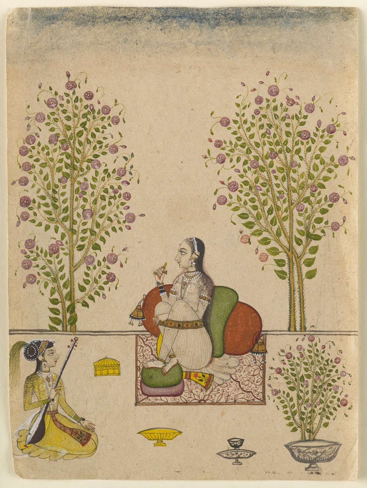 A princess seated on a terrace with a girl musician, Sawar, Ajmer, circa 1725-50