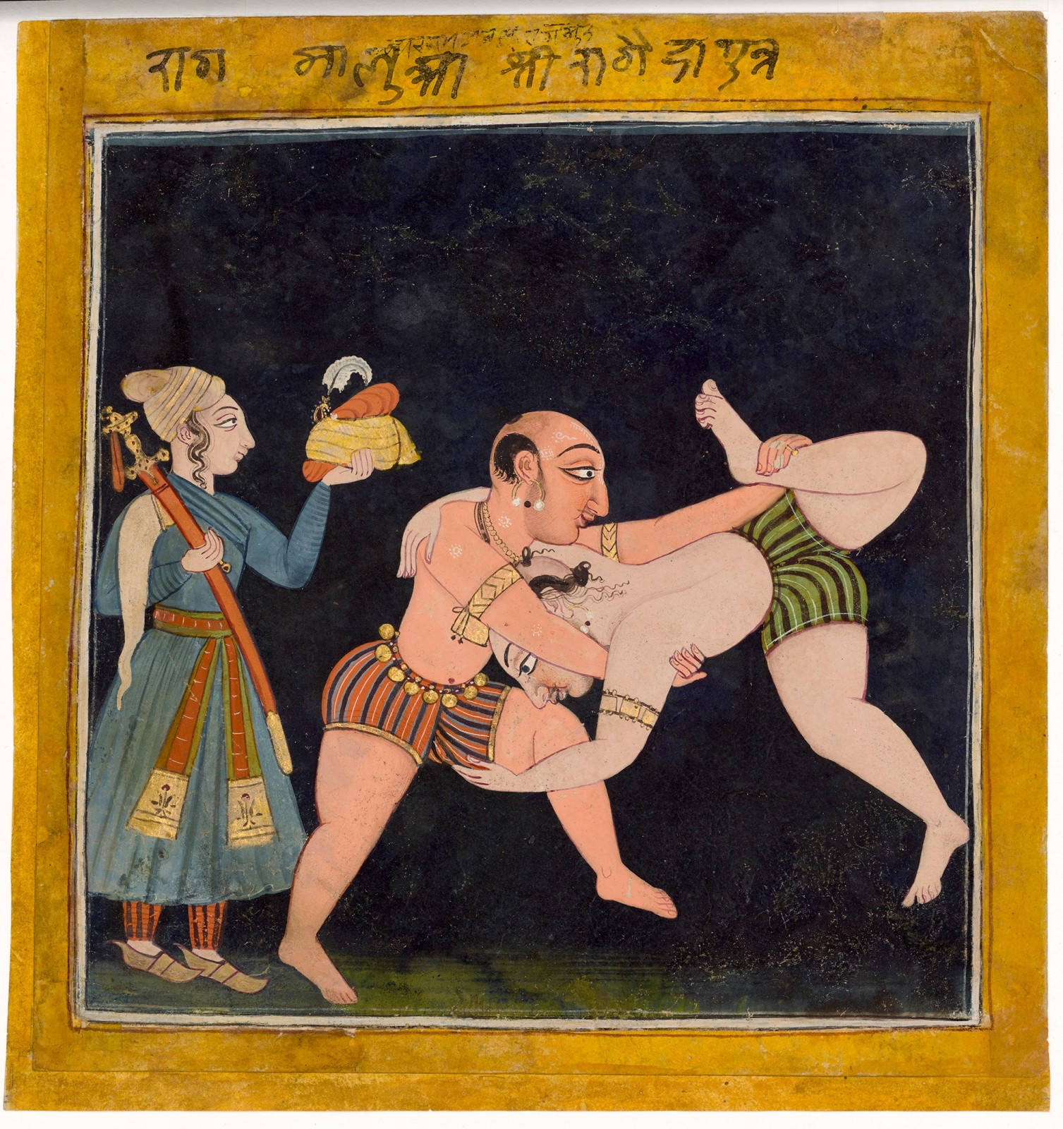 Two men wrestling - Ragaputra Malava, son of Sri Raga, Page from the ‘Tandan’ Ragamala, Basohli, c. 1710