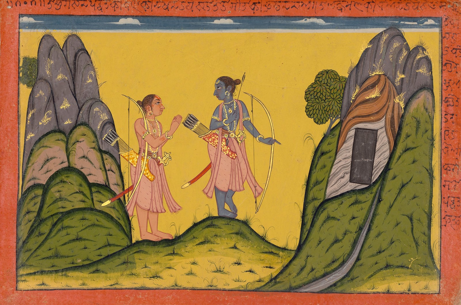 Lakshmana expresses his foreboding to Rama outside the cave of Ayomukhi, Page from the Aranya Kanda or Forest Book of the Ramayana , By a Master of Style IV of the ‘Shangri’ Ramayana, c. 1710-1740