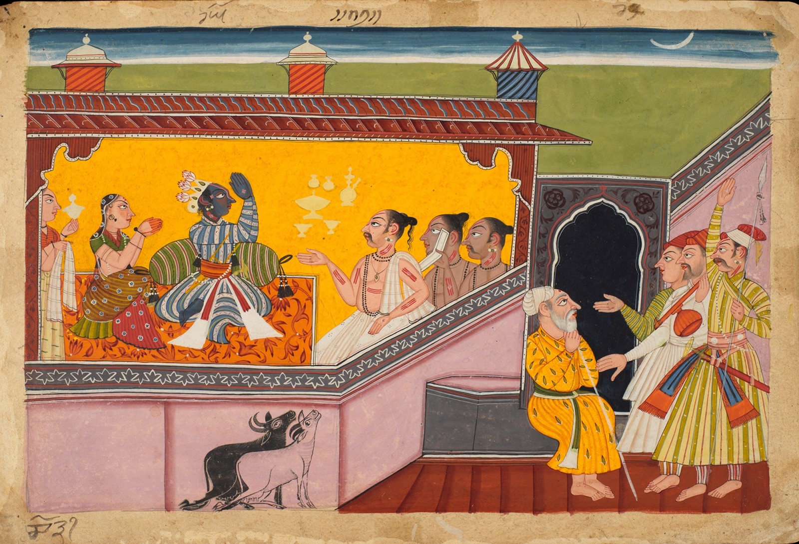 The sage Vasishtha instructs Rama and Sita to fast prior to his installation as King: Folio from the Ramayana, By the Master of Style II of the Shangri Ramayana, Bahu (Jammu) or Kulu, c.1690-1710