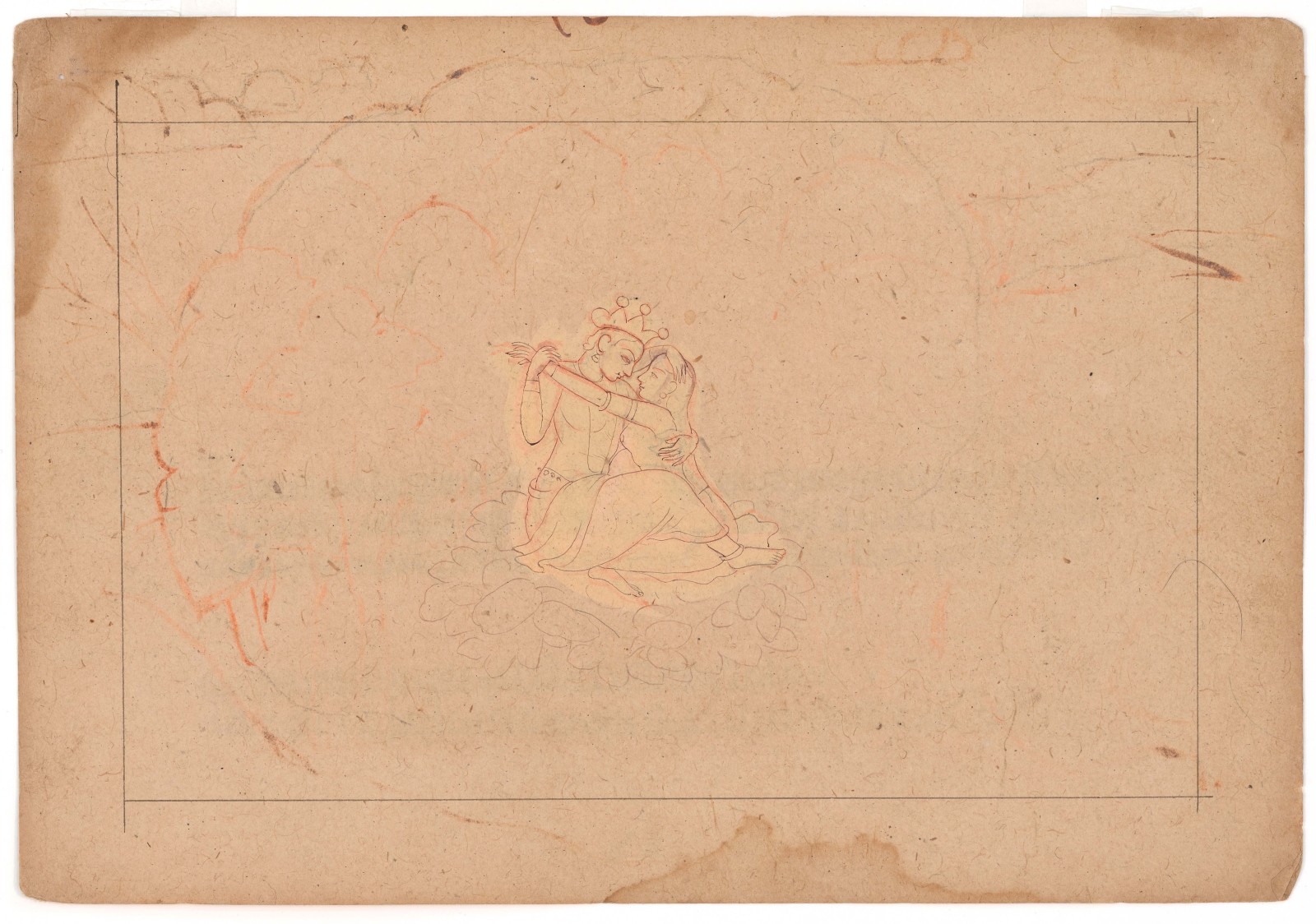 Vishnu and Shri embracing, Drawing from a set of preparatory drawings for the ‘Second Guler’ or ‘Tehri-Garhwal’ Gitagovinda Original outlines attributed to Nainsukh, c. 1765, with additions by his sons and nephews