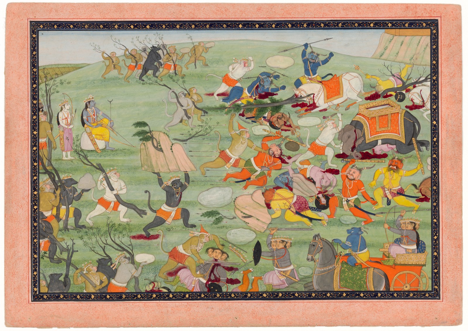 The death of the demons Mahodara, Devantaka and Trishiras; folio from the second part of the ‘Second Guler’ Ramayana, By a Guler artist, c. 1790