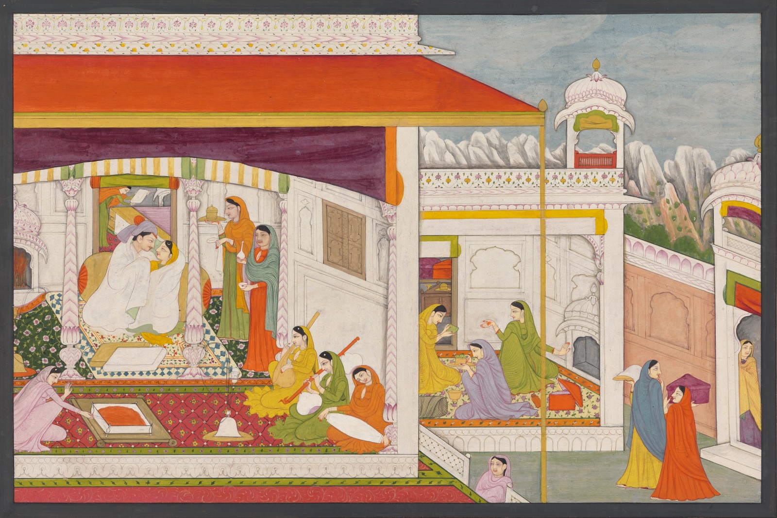 Narada watches Krishna with his womenfolk, Guler, 1790–1800