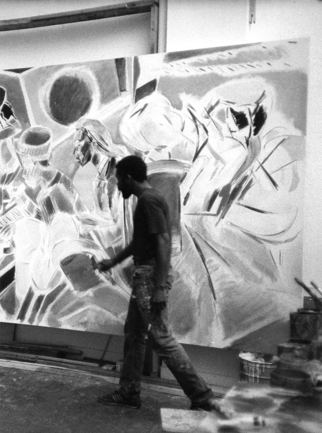 <p><span>Denzil Forrester in his Rome studio working on ‘Dub’ (1985).</span></p>