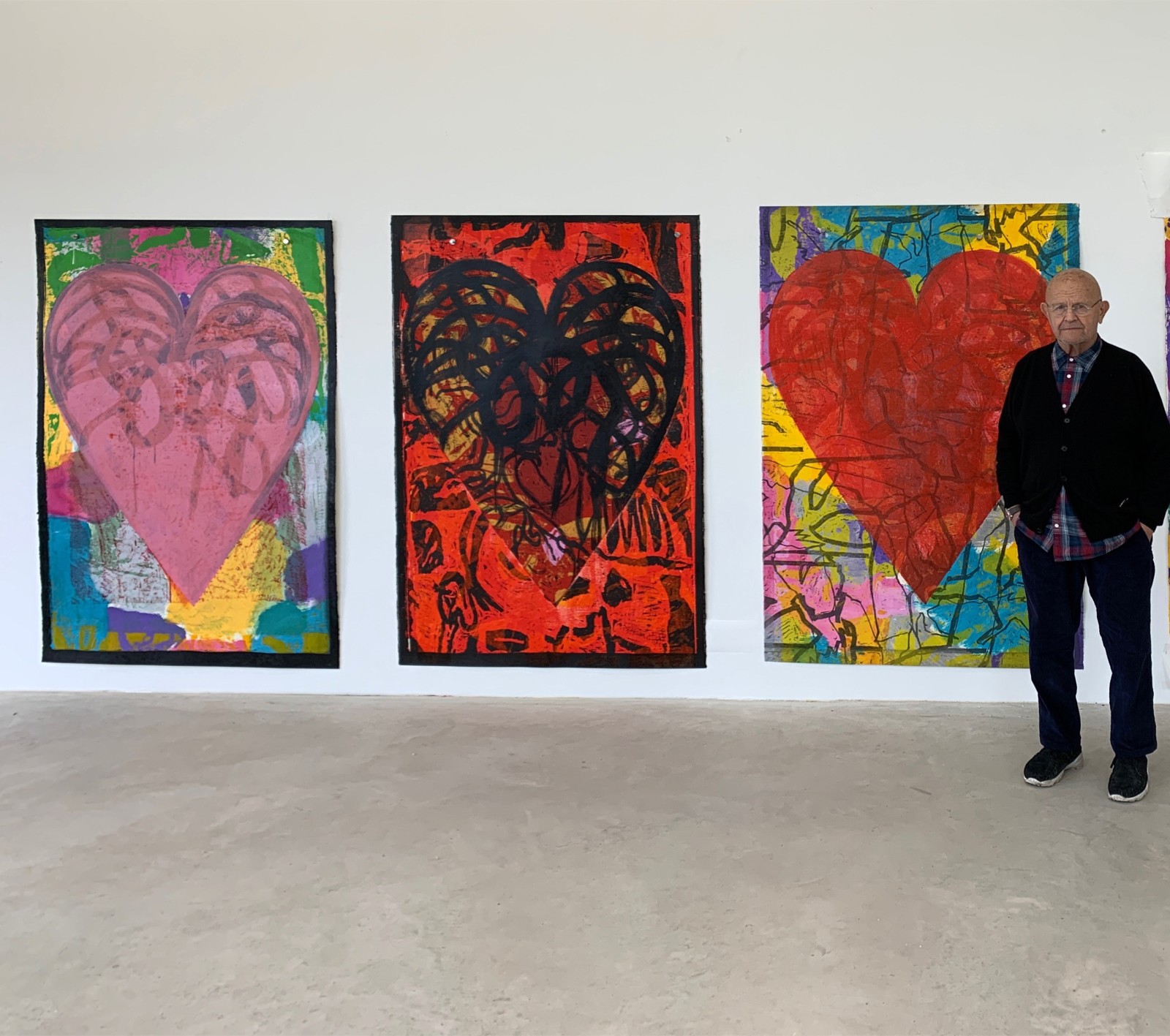 Jim Dine in front of three new prints