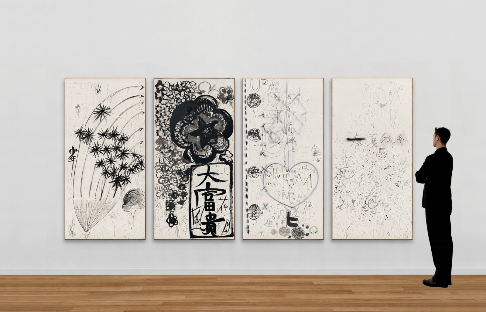 許 炯 Xu Jiong, 春之祭・終不似少年遊 Spring Monster · Youthless, 2018, 紙本水墨 ink on paper, 247 x 124 cm x 4 