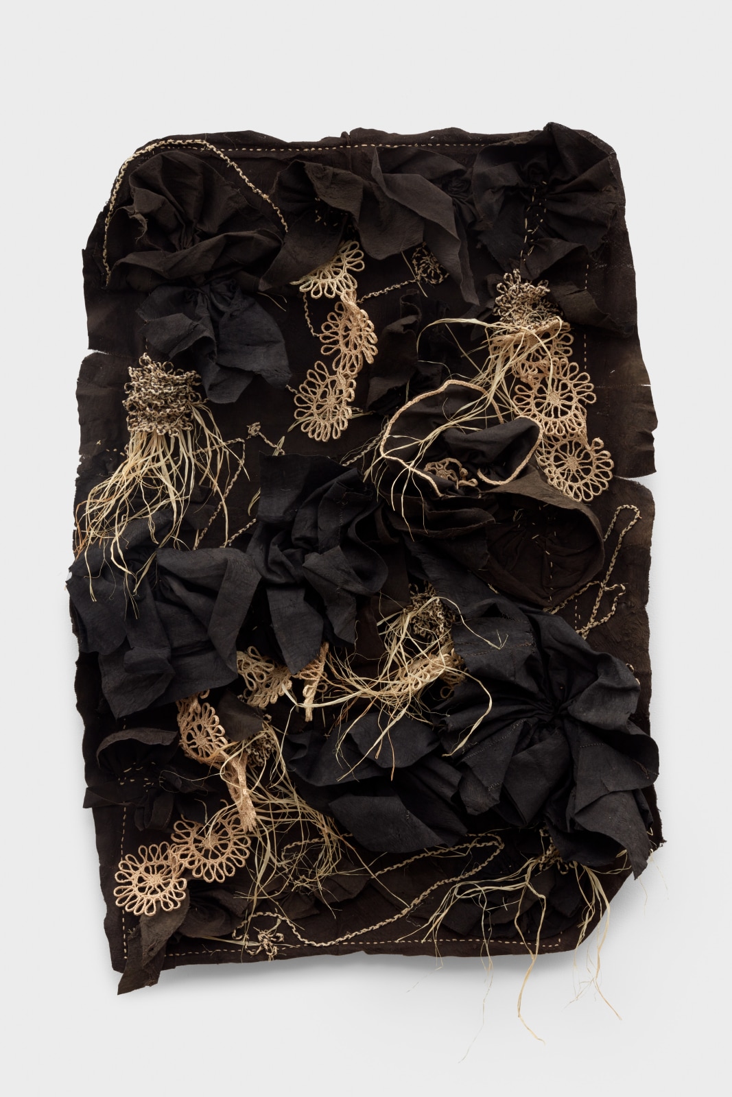 Acaye Kerunen, PASSIONFLOWER II, 2023, Mixed media on clay-dyed bark cloth, 205.7 x 129.5 x 24.8 cm (Photo: Evan Walsh)