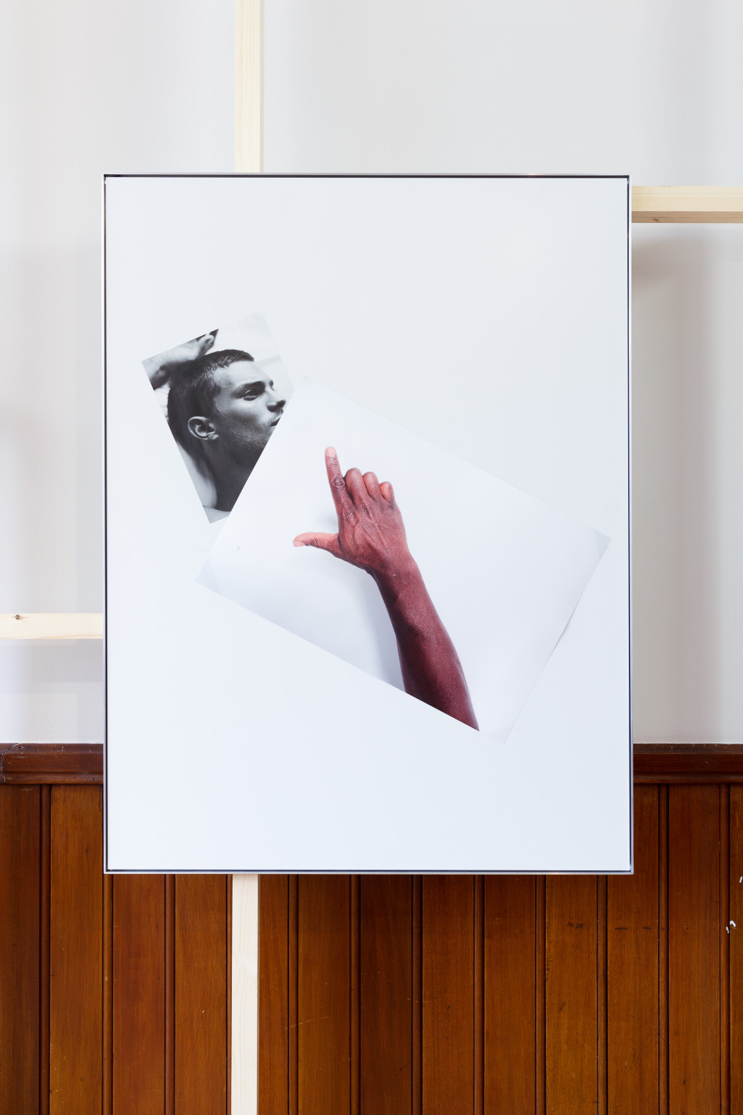Simeon Barclay An Arrangement on white in perspective (cock on mate), 2015 Clear acrylic, Diabond, inkjet print, tape 119 x 90 x 2.5 cm