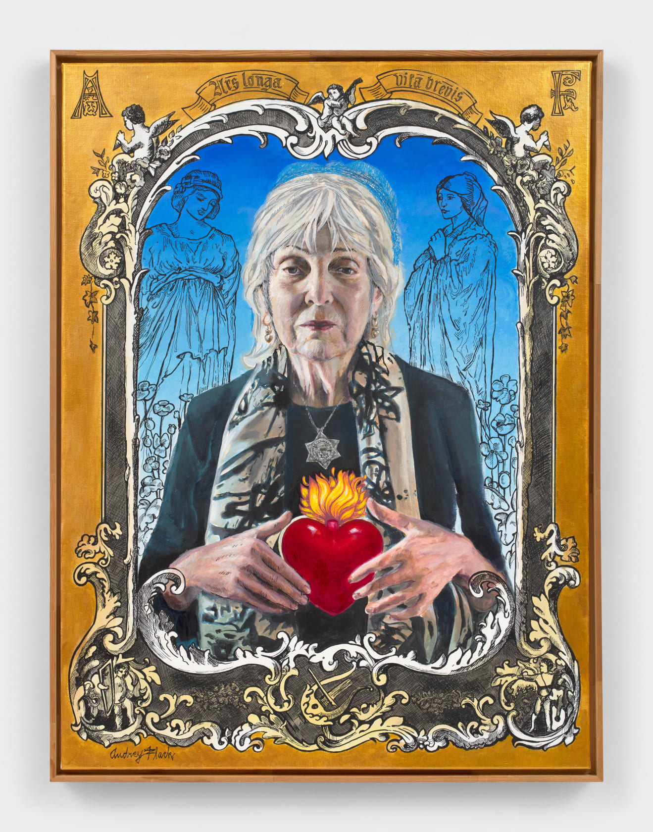 Audrey Flack Self Portrait with Flaming Heart, 2022 Acrylic and mixed media on canvas, 40 x 30 in. (101.6 x...