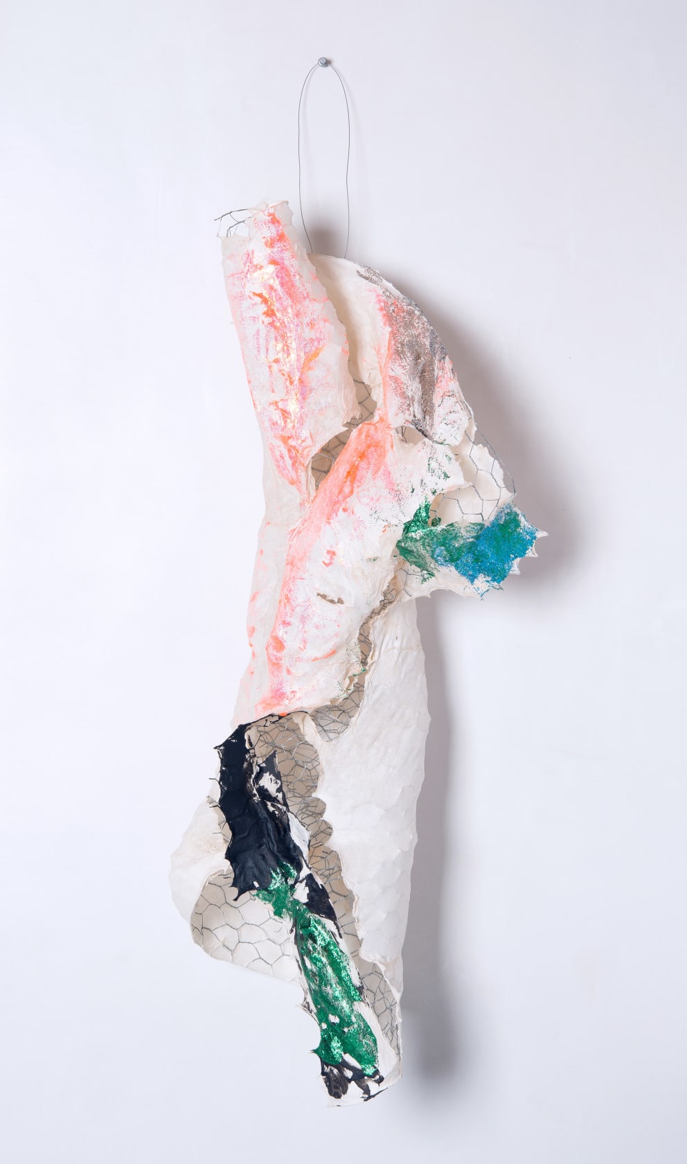 Lynda Benglis Vested Spirit, 2015 Handmade paper over chicken wire, coal tempera, acrylic medium, gold sparkles, and sparkles, 36 1/2...