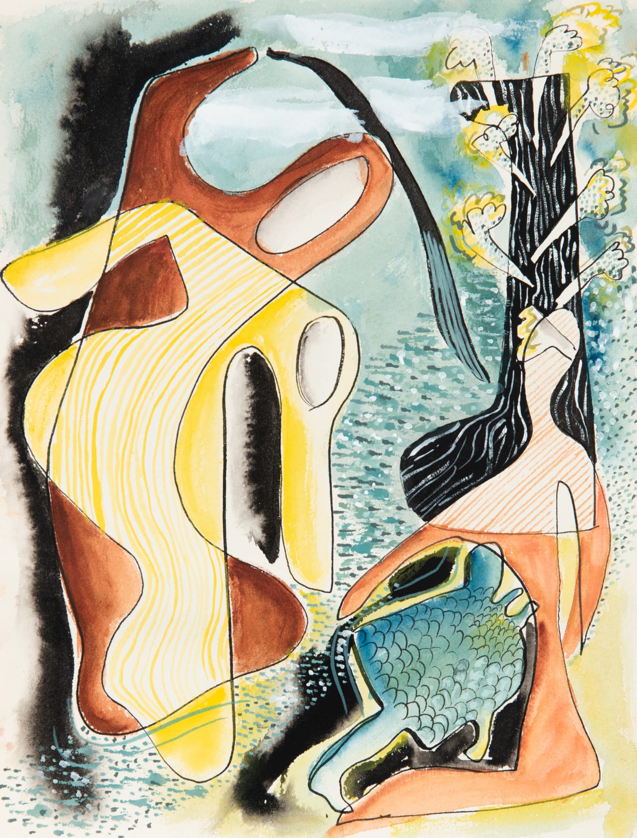 Dusti Bongé Untitled (Keyhole People and Woman Seated by a Tree), circa 1945 Mixed media on paper, 11 3/4 x...