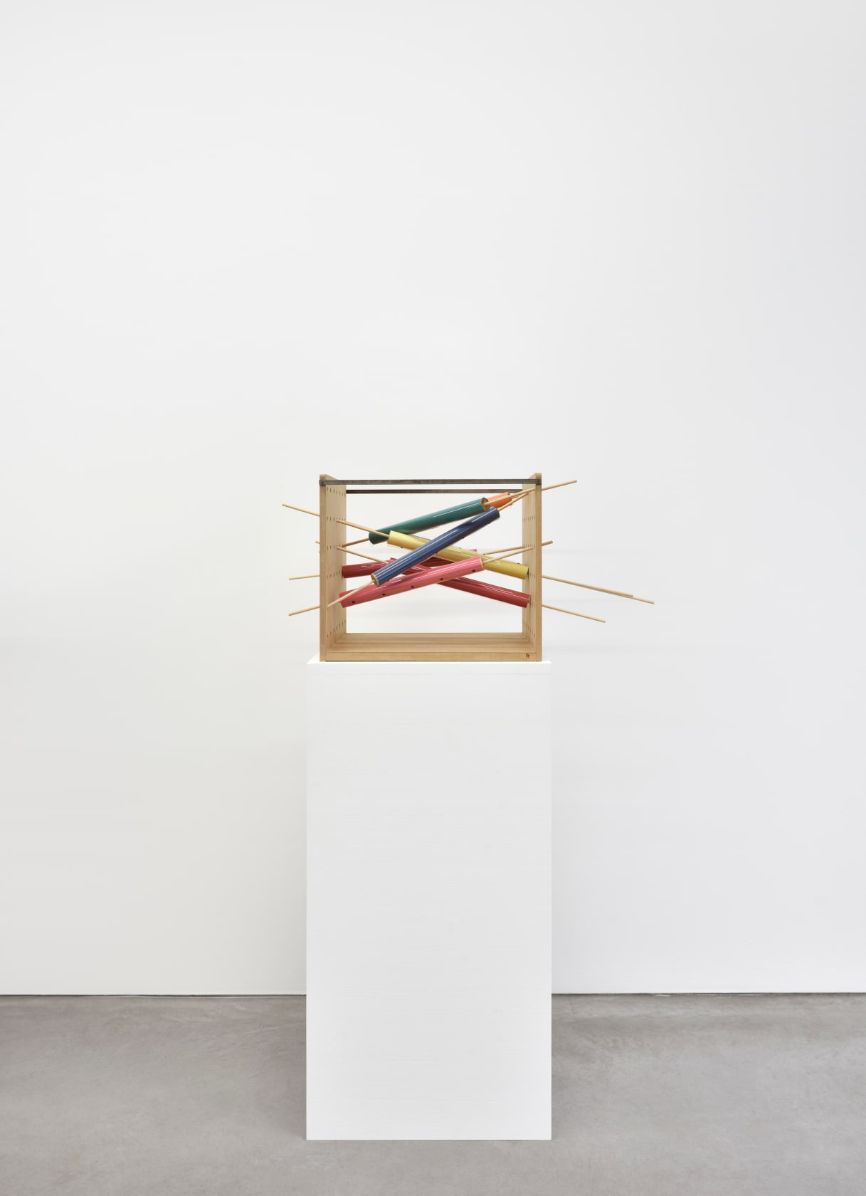 Peter Fillingham 8s, Helter Skelter, 2025 MDF, wood, steel rod, satin, acrylic sheet, nails, paint Sculpture: 15 x 34 5/8...