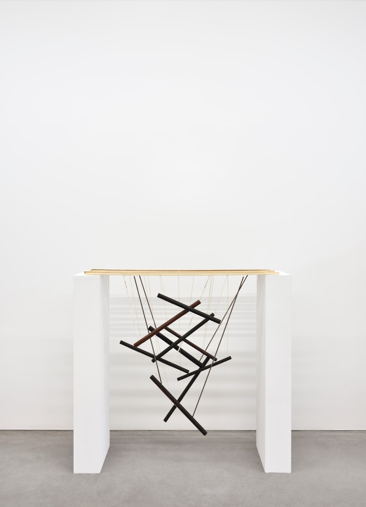 Peter Fillingham Small drop, 2025 Hard wood, whipping twine, steel wire rope, paper straws, steel pipe Overall: 44 1/8 x...