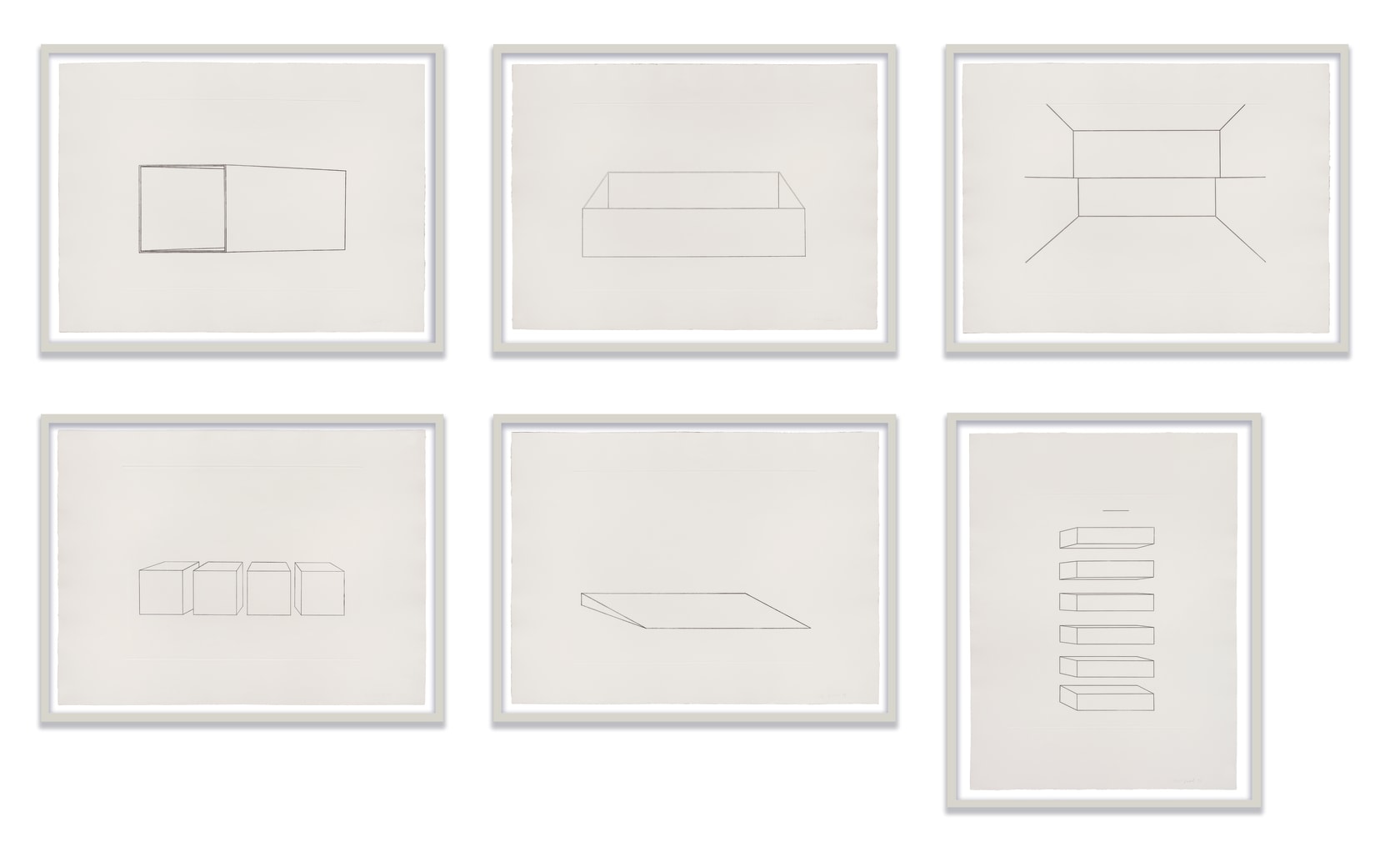 Donald Judd Untitled, 1974 Set of 6 black and white etchings on German Etching paper 5 sheets: 30 1/2 x...