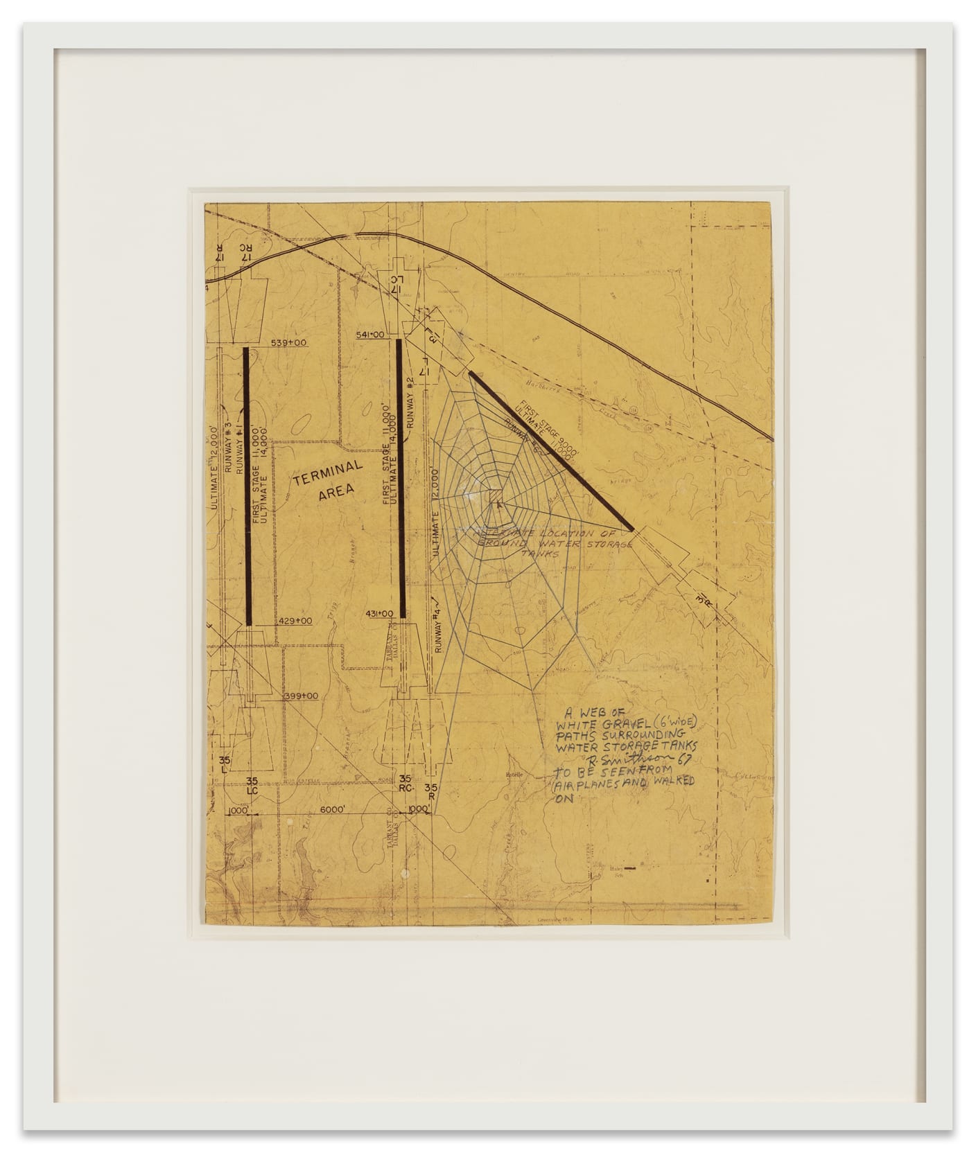 Robert Smithson A Web of White Gravel Paths Surrounding Water Storage Tanks, 1967 Pencil on photostat Paper: 14 x 11...