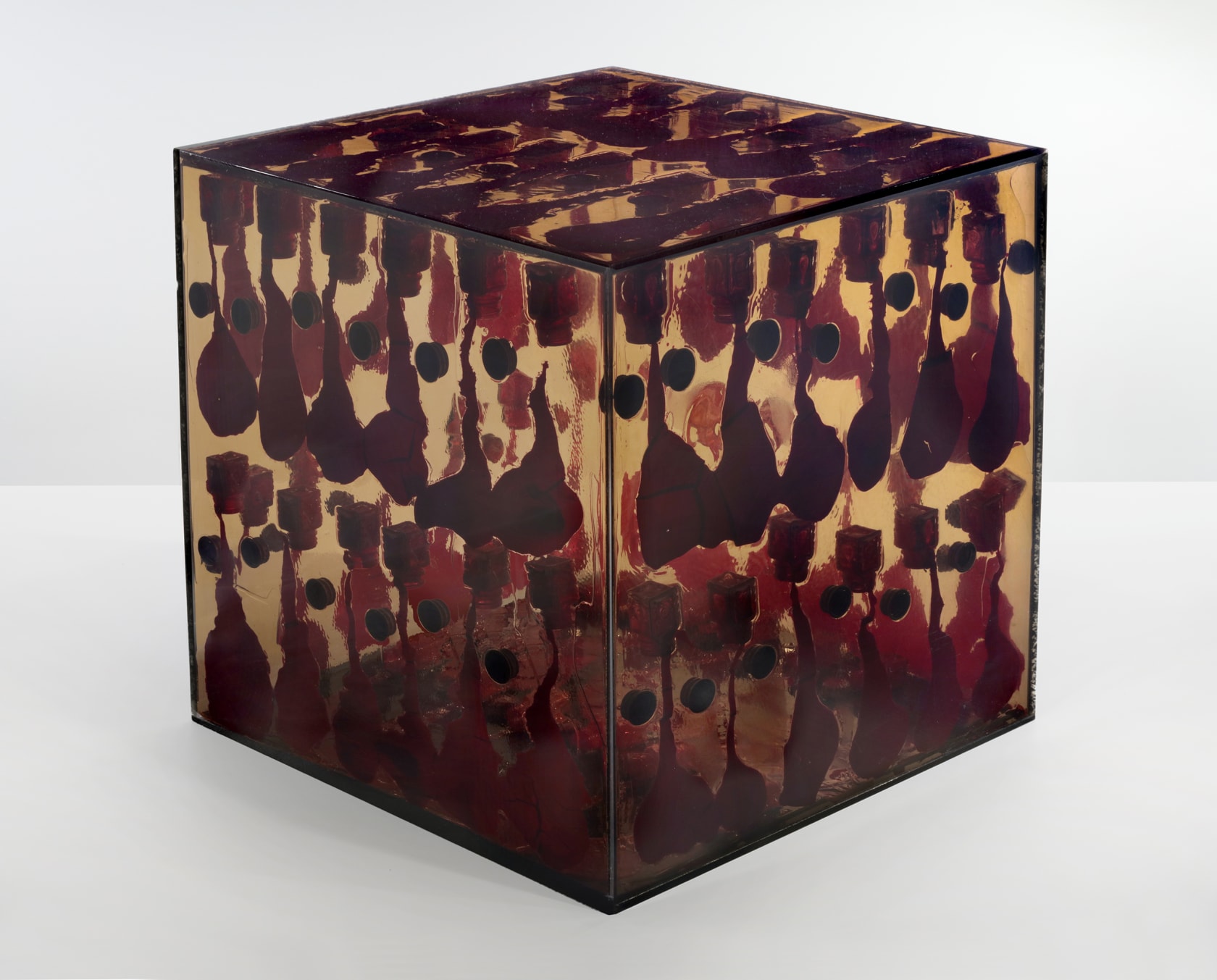 Arman Untitled, 1971 Paint bottles, acrylic paint, in acrylic 18 x 18 x 18 in. (45.7 x 45.7 x 45.7...