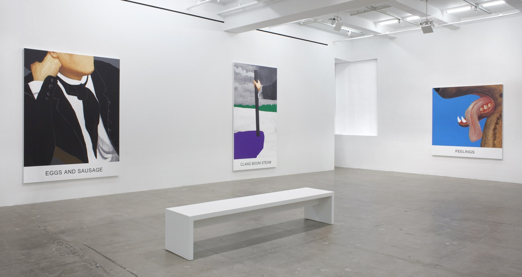 Three prints on canvas: one of a profile in a man in a suit, another of someone holding a stick, the final of an animal with mouth open, baring teeth, tongue out.