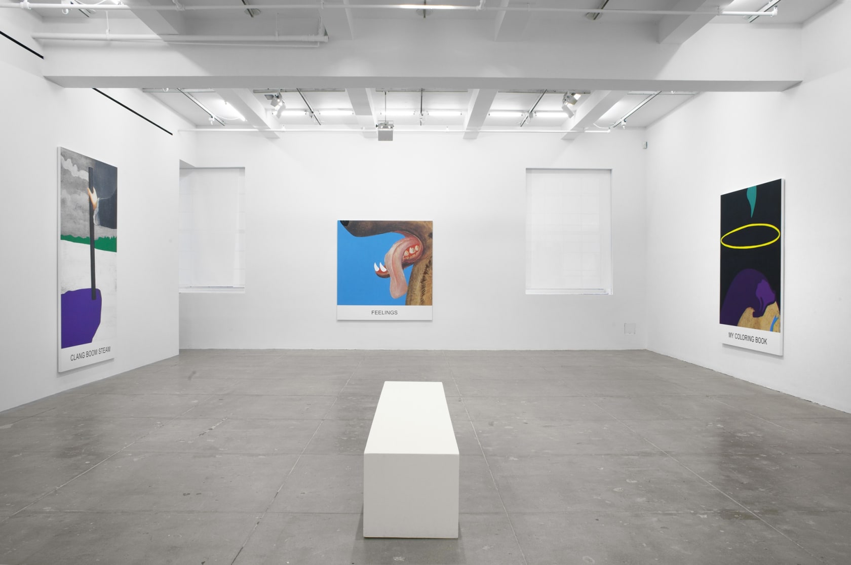 Three prints on canvas, 1- someone holding a stick, 2-an animal baring teeth, 3-a person's halo