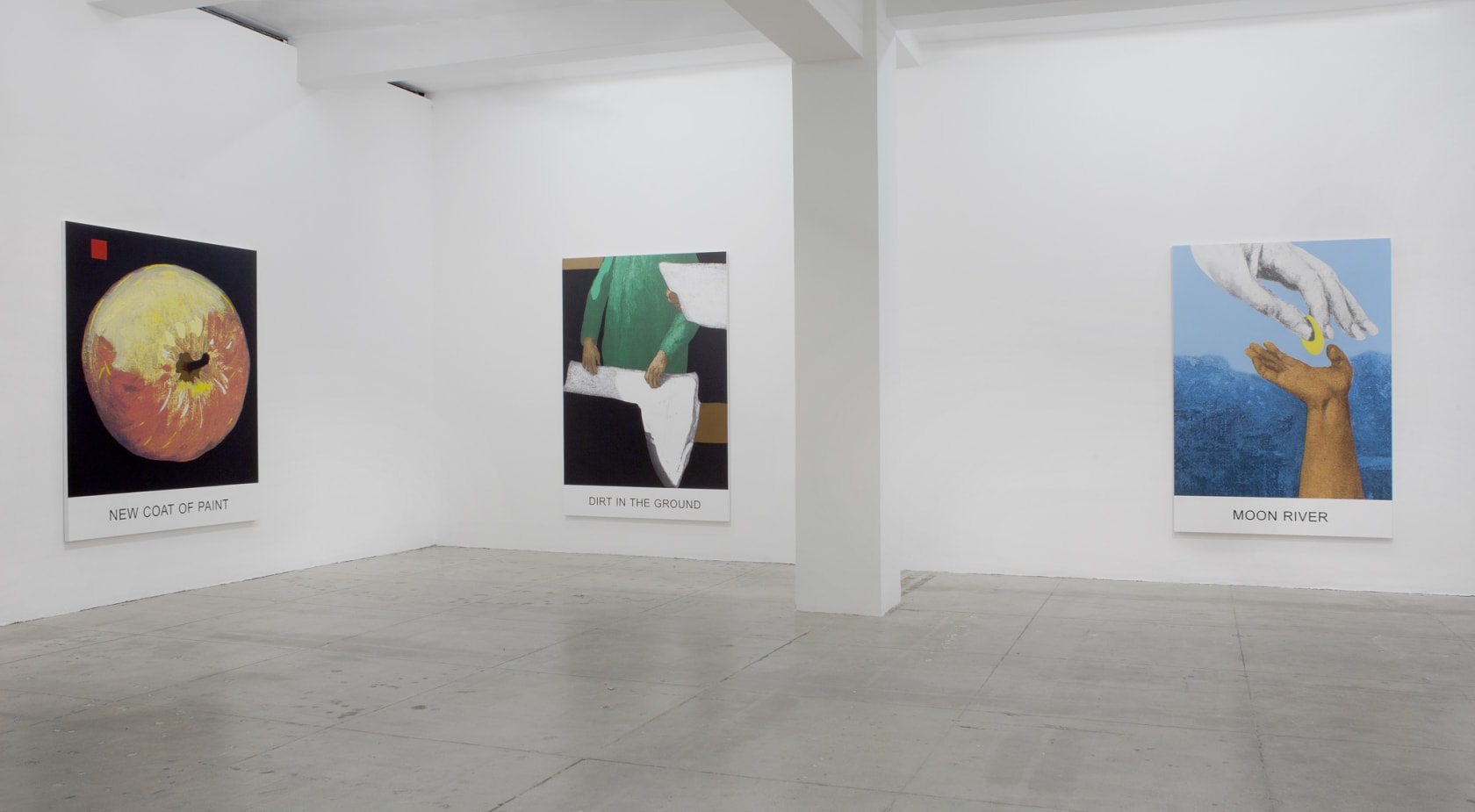 Three prints on canvas with words under them; 1-an apple, 2-a person looking down at a canvas-size painting, 3-one hand offering a gold disc to an extended hand