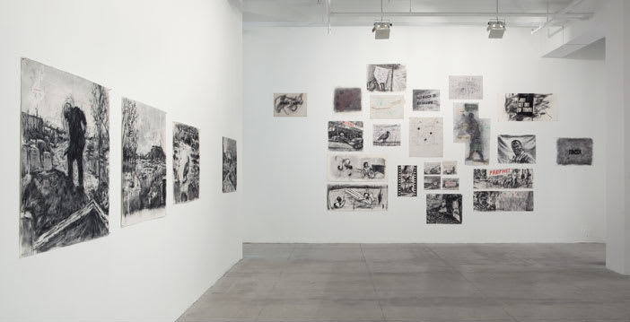 Gallery view of multiple charcoal drawings on paper of varying sizes, depicting landscapes, portraits and birds.
