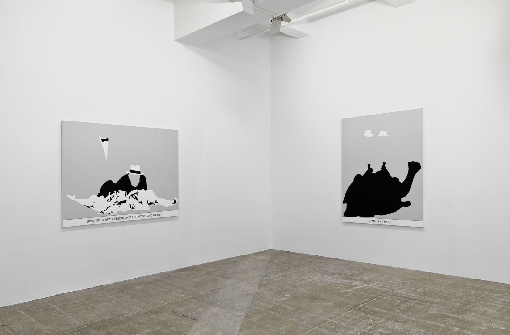 Left: On a grey background, the silhouette of a faceless man wearing a hat hiding behind what appears to be the top of a hill, with a floating white collar and black bowtie hovering above him. Text on the bottom of the painting reads: BOW TIE, SHIRT, PERS