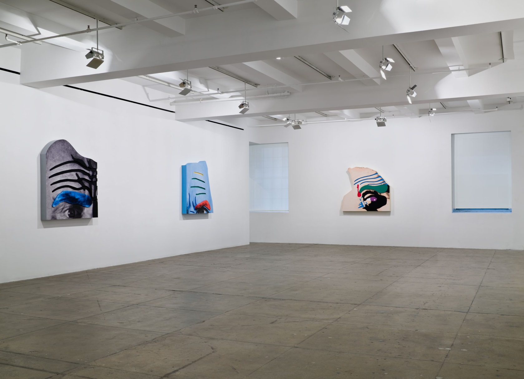 Three large cut-outs of foreheads are marked with colored lines to exaggerate the forehead lines and eyebrows. 