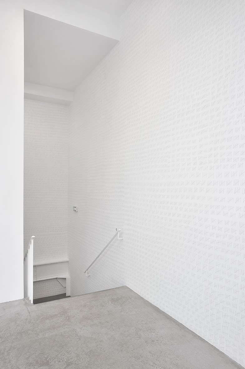 An exhibition installation view from: Presque Rien, Leonor Antunes, Christian Boltanski, Carol Bove, Nina Canell, Lygia Clark, Simon Fujiwara, Marine Hugonnier, Koo Jeong A, Seung-Taek Lee, François Morellet, Gabriel Sierra, Rayyane Tabet, Niele Toroni, Richard Tuttle and Cerith Wyn Evans