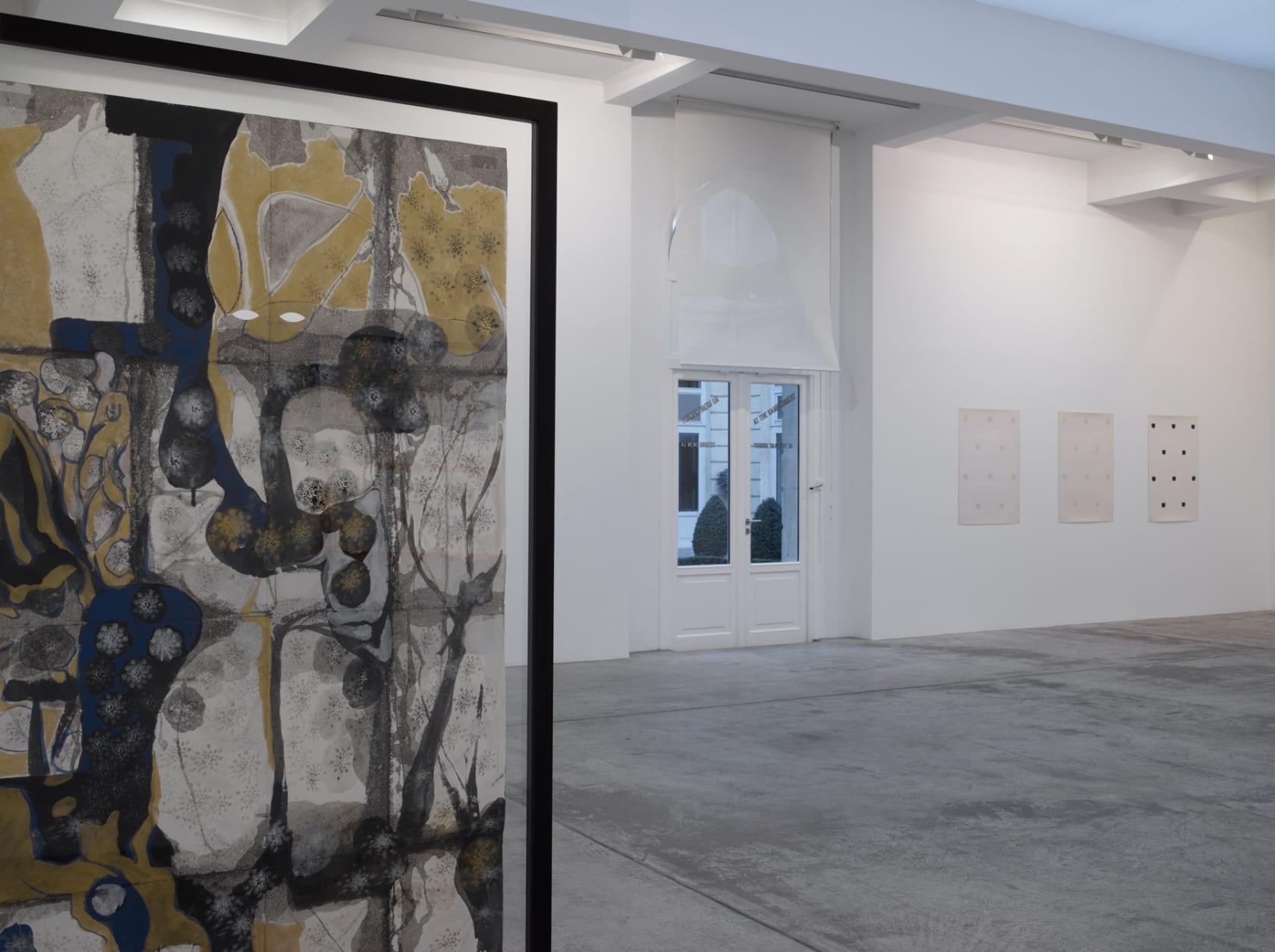 An exhibition installation view from: Tacita Dean, William Kentridge, Gabriel Orozco, Giuseppe Penone, Niele Toroni, Lawrence Weiner