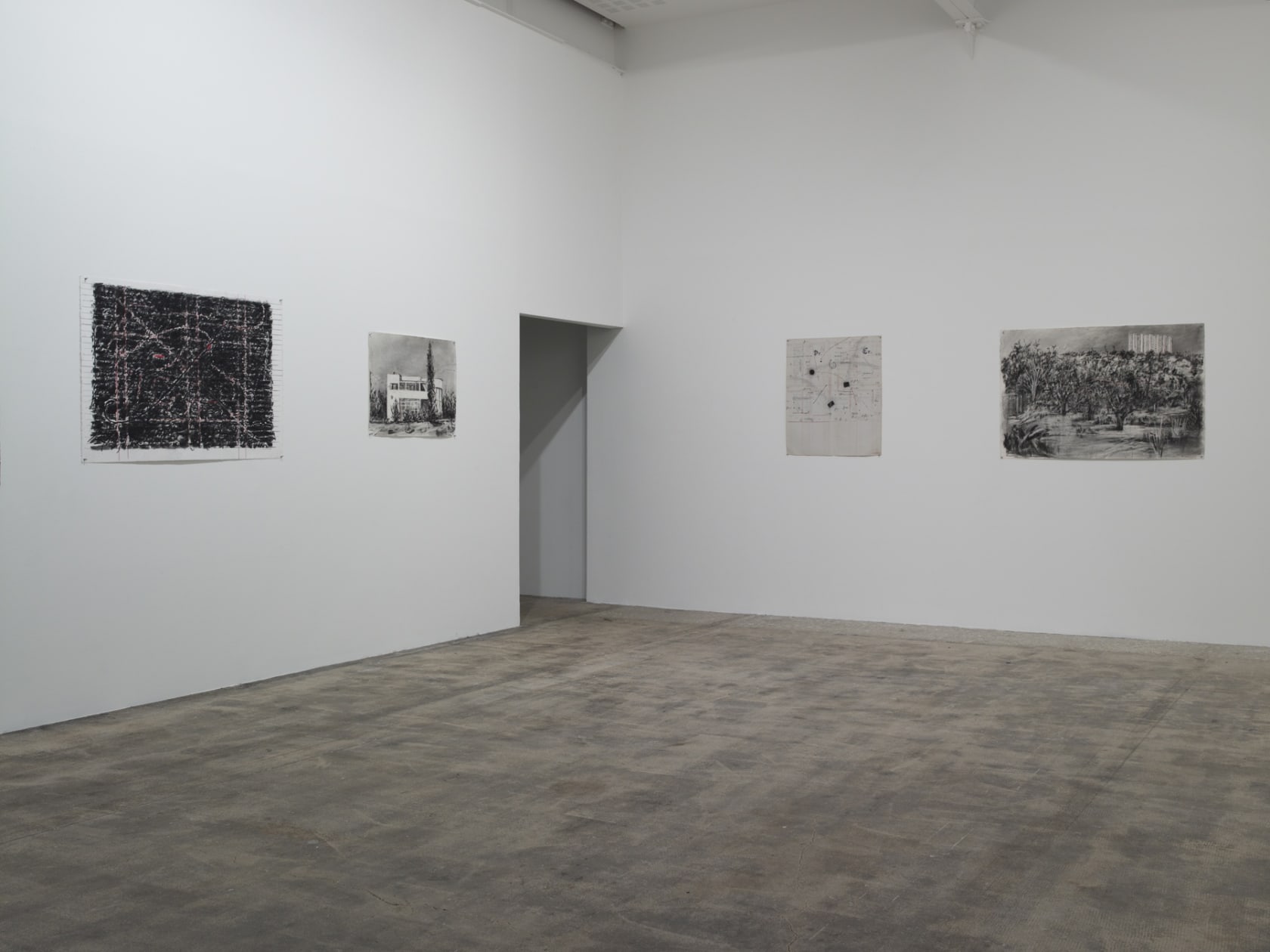 An exhibition installation view from: Tacita Dean, William Kentridge, Gabriel Orozco, Giuseppe Penone, Niele Toroni, Lawrence Weiner