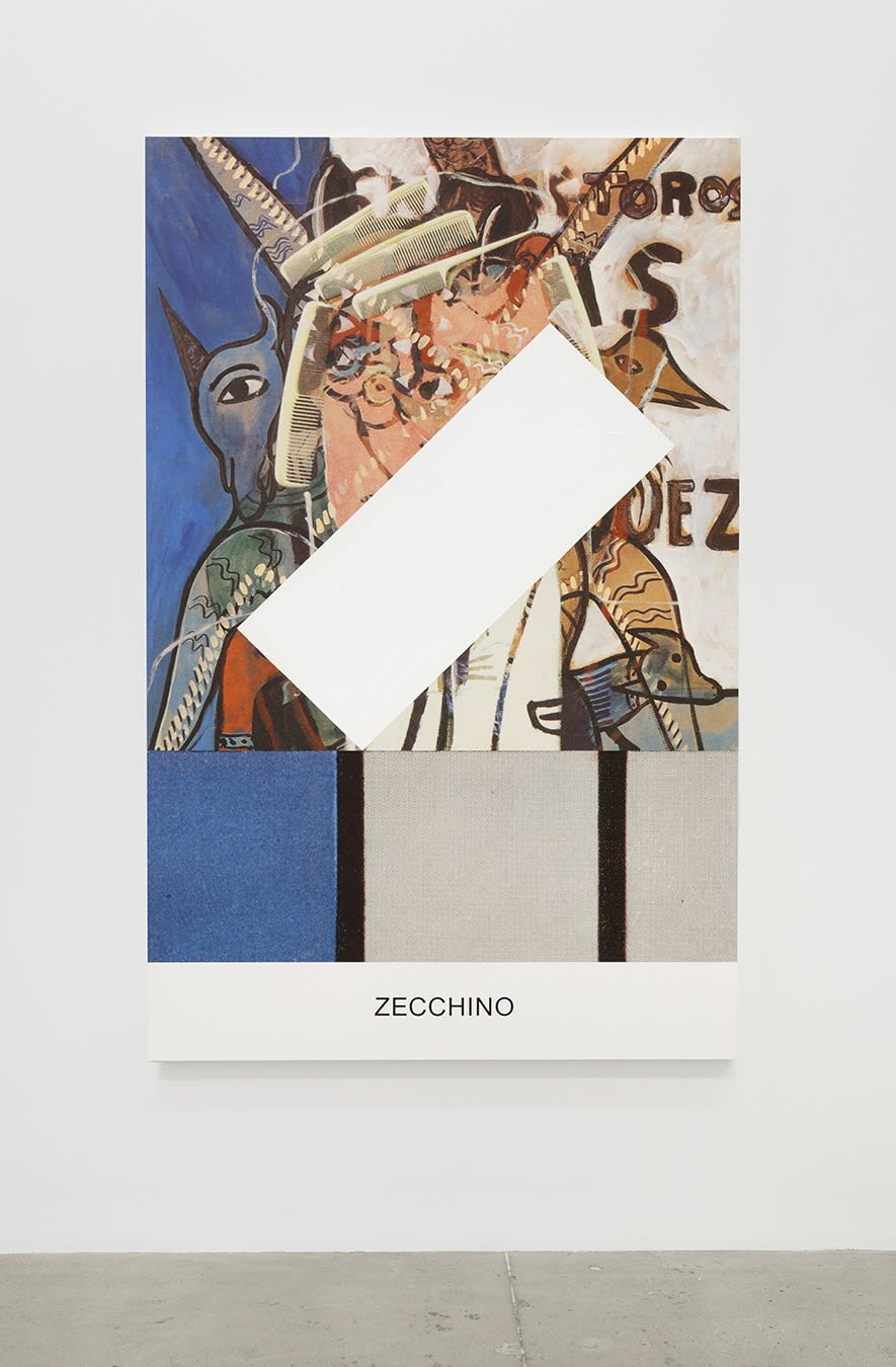 Primarily blue and white painting including the abstracted human and animal forms. A white box is placed diagonally across the frame. The word "ZECCHINO" is at the bottom of the painting.