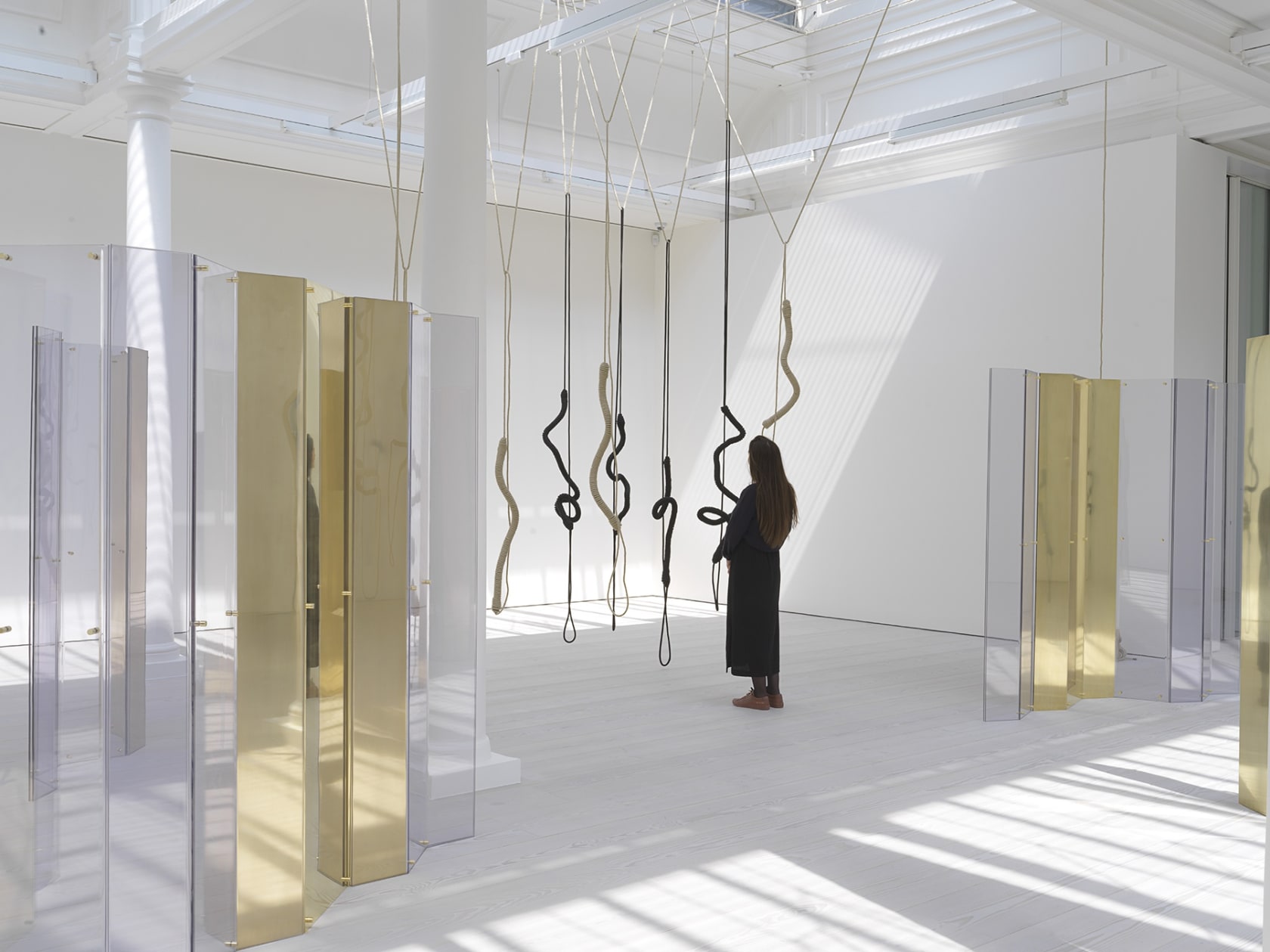 An exhibition installation view from: Leonor Antunes, a thousand realities from an original mark