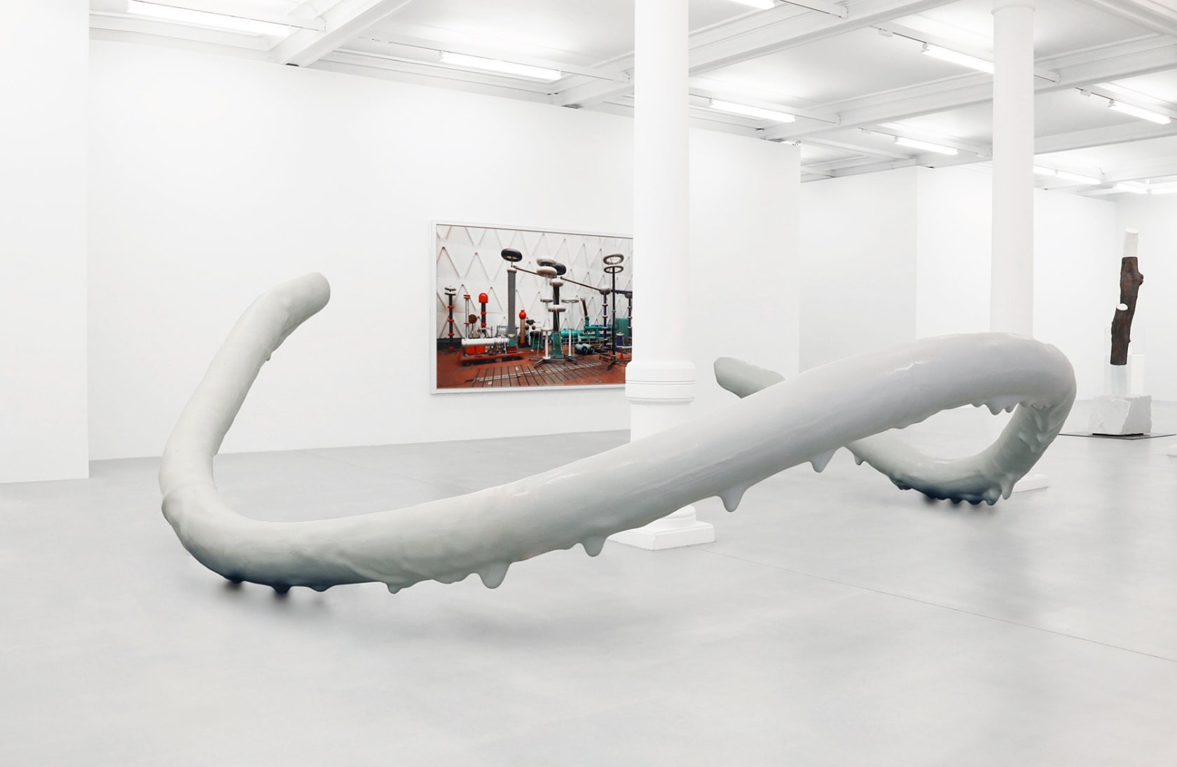 A large color photograph hangs on the wall behind an abstract sculpture that appears to be dripping with white paint.