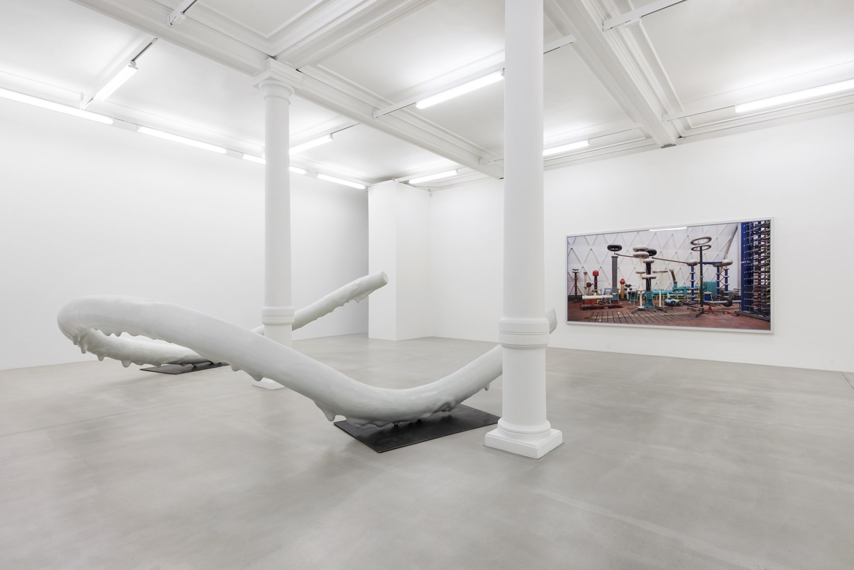 A large color photograph hangs on the wall behind an abstract sculpture that appears to be dripping with white paint.