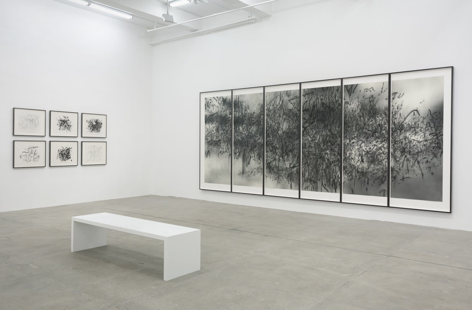 Black and white abstract drawings, small and large, hang in multiple frames in a white gallery.