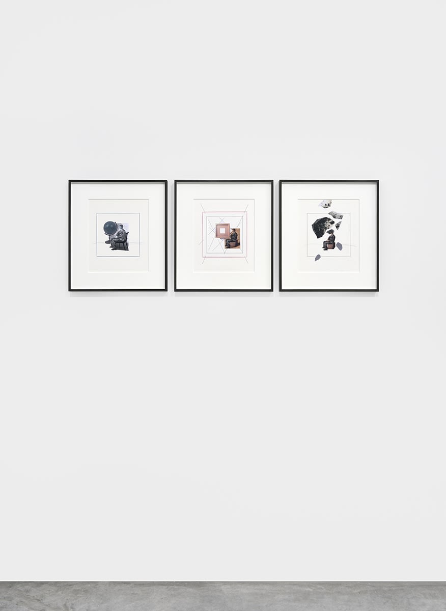 3 framed geometric drawings are hung in a row on a light grey wall.