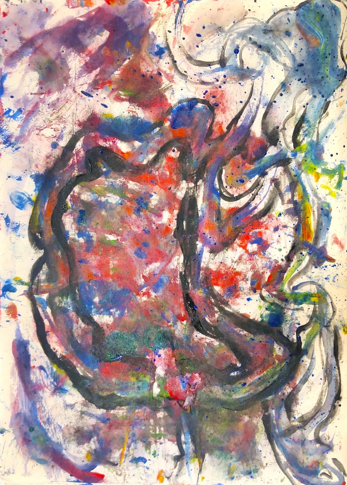 A colorful abstract painting utilizing prints of leaves