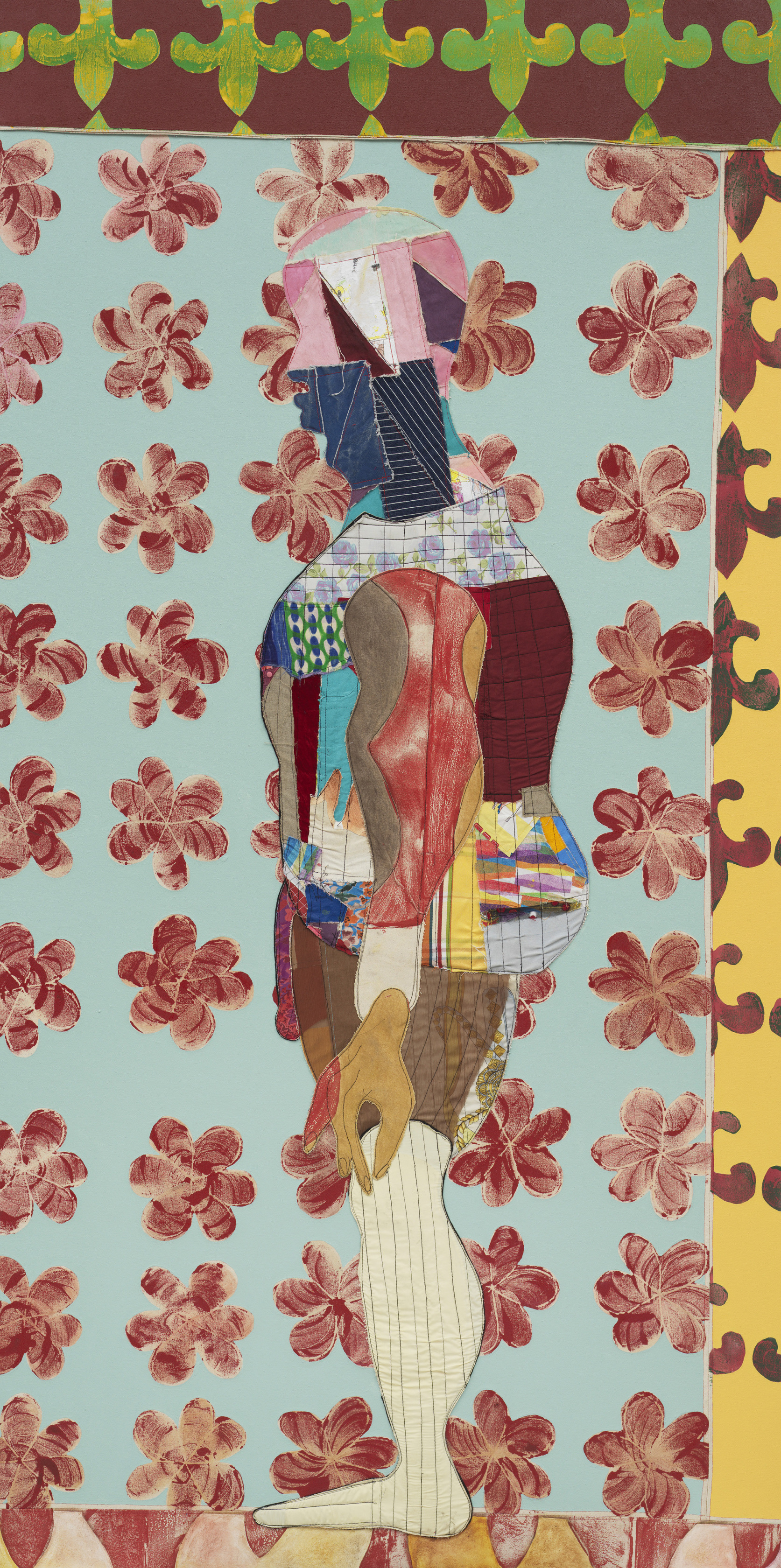 Tschabalala Self Humility2025 Acrylic paint, fabric, thread, coloured pencil, painted canvas on canvas 243.8 x 121.9 x 4.4 cm 96...