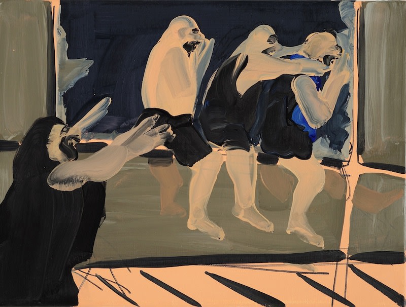 Tala Madani Three on Window Glass2008 Oil on canvas 30 x 40 cm 11 3/4 x 15 3/4 in