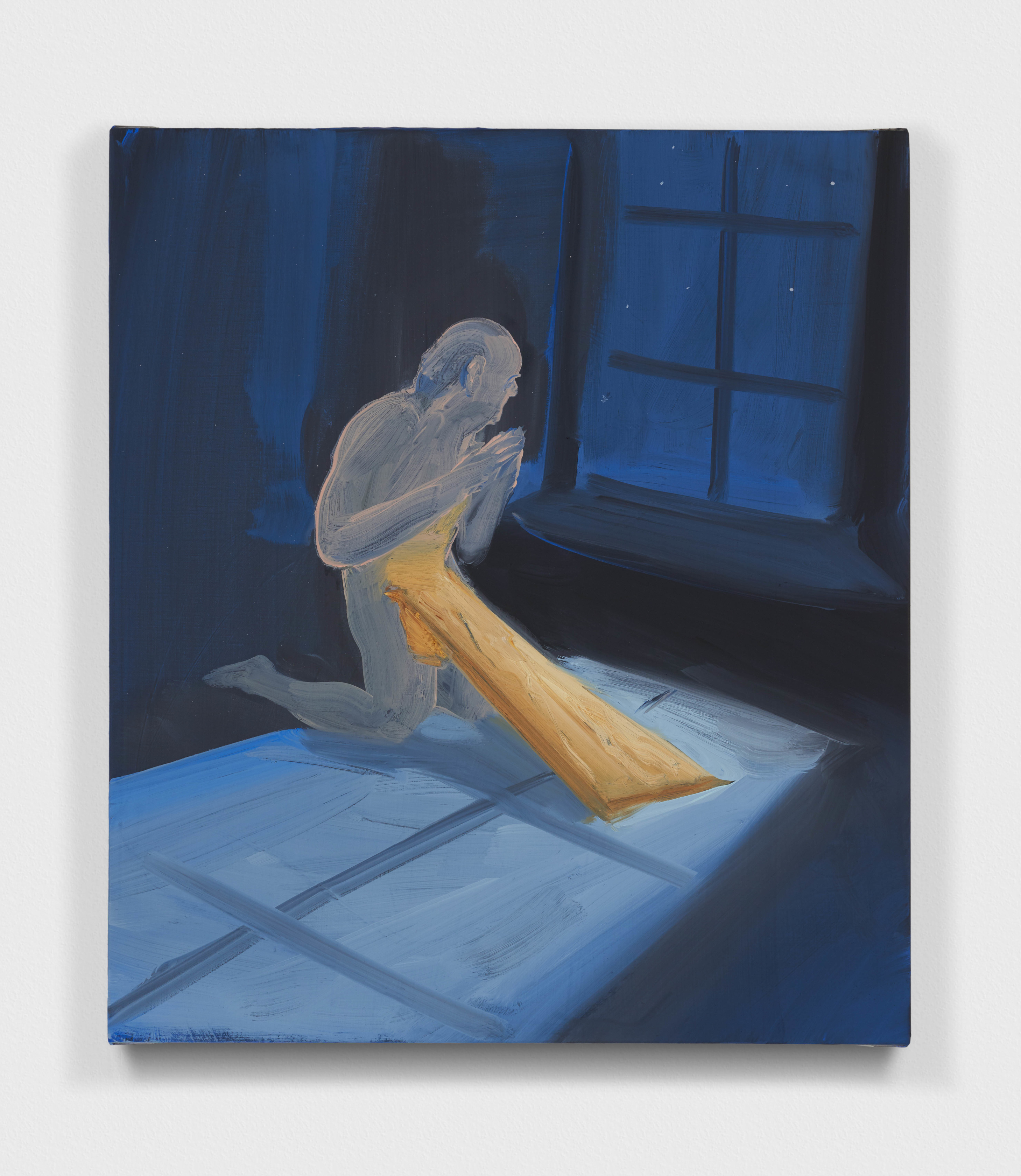 Tala Madani Real Boy and Plank2021 Oil on linen 40.6 x 35.6 x 2.5 cm 16 x 14 x 1...