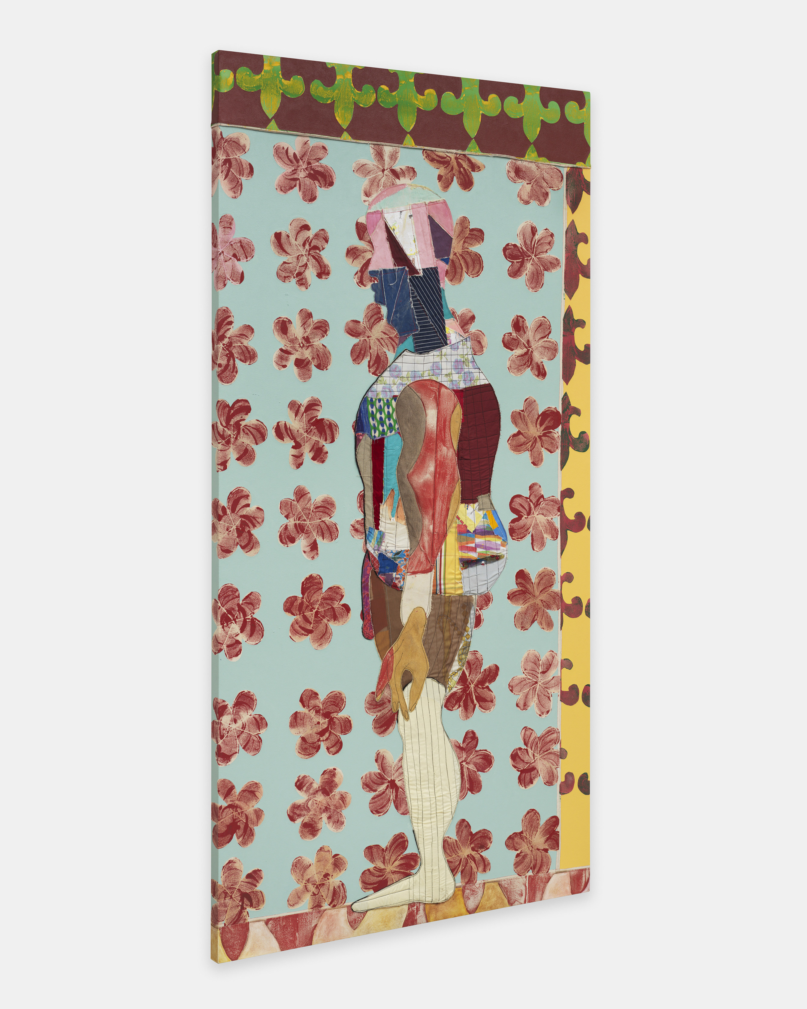 Tschabalala Self Humility2025 Acrylic paint, fabric, thread, coloured pencil, painted canvas on canvas 243.8 x 121.9 x 4.4 cm 96...