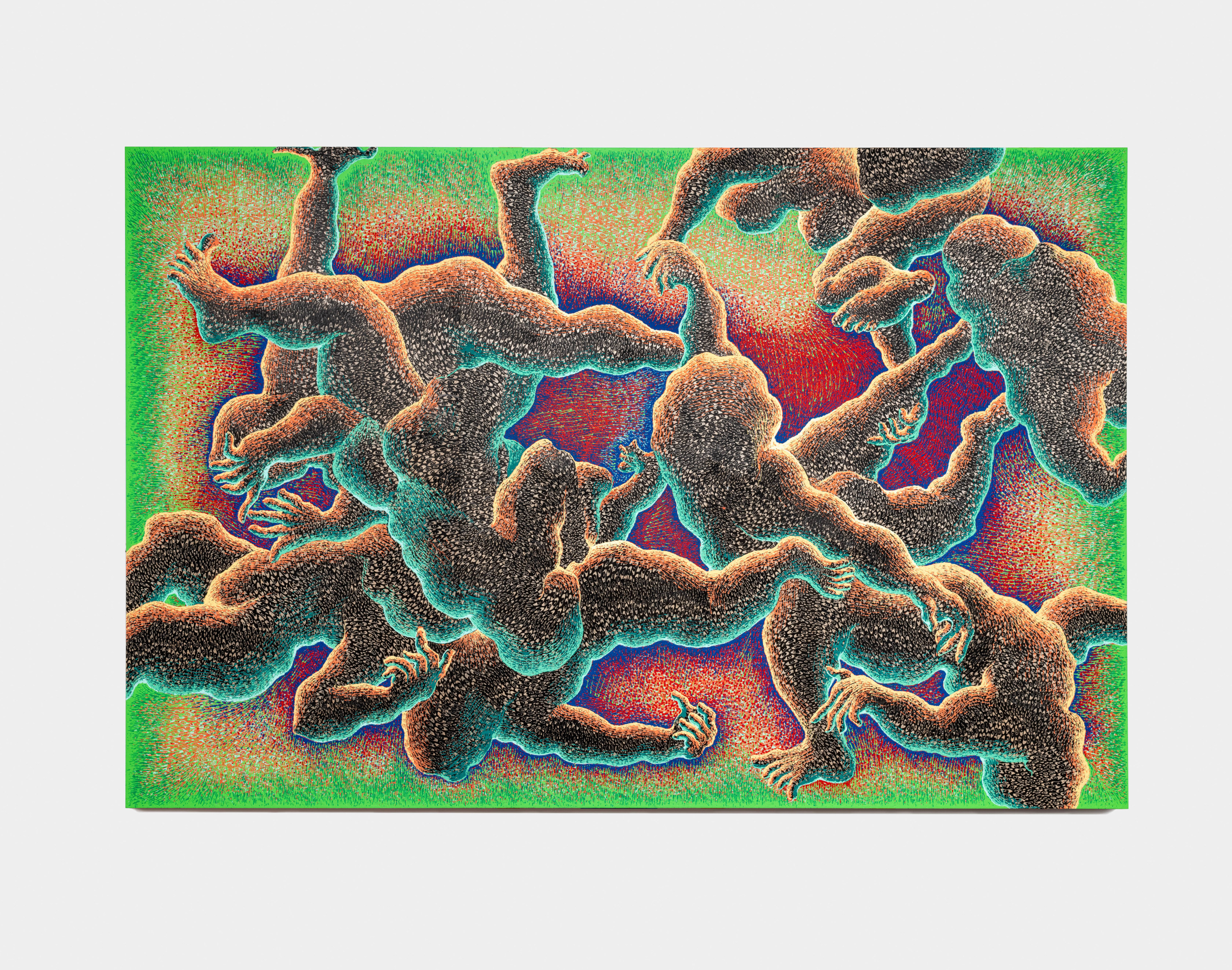 Didier William Joy is Flight2023 Acrylic, oil, ink, wood carving on panel 177.8 x 269.2 cm 70 x 106 in